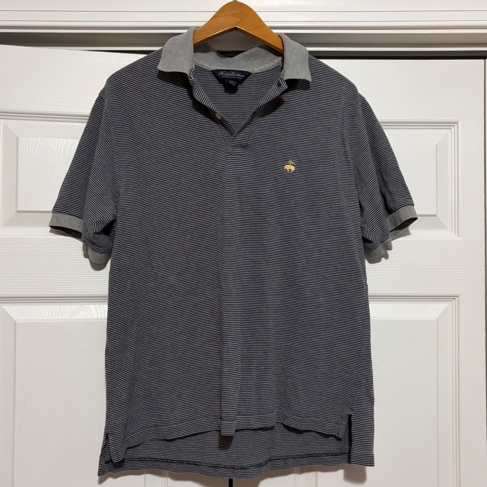 Brooks Brothers Polo Shirt Mens M Navy Grey Striped S Logo Preppy Cotton Golf